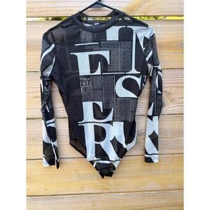 SALT Newspaper Print Mesh Bodysuit Long Sleeve Sheer Graphic Black White Small